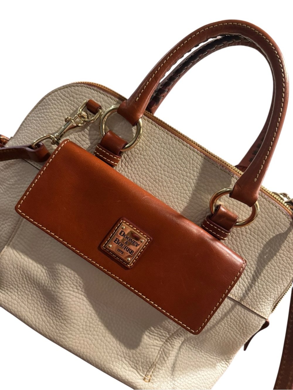 Dooney & Bourke Pebble Grain Bristol Satchel, Bone with Tan Trim